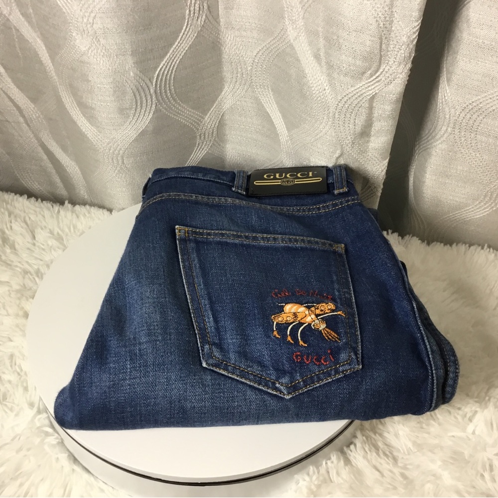 Gucci Blue Denim Jeans with Embroidered Bee and Red Script